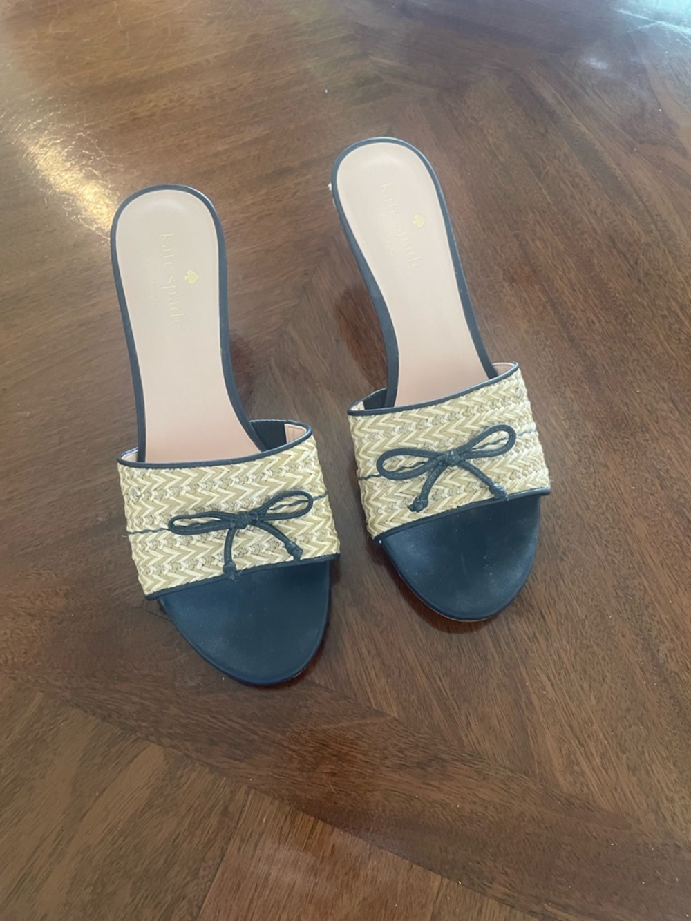 Kate Spade Beige Raffia Kitten Heel Mules with Navy Trim